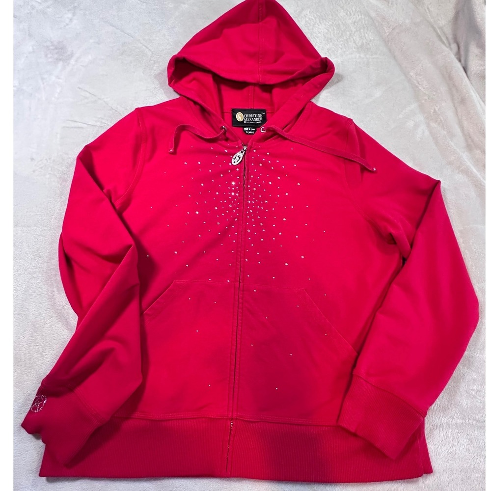 Christine Alexander Red Rhinestone Zip Up Hoodie Sweatshirt XL Cotton Modal